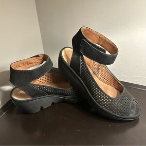 Clarks Black Wedge Shoes with Ankle Strap and Perforated Upper